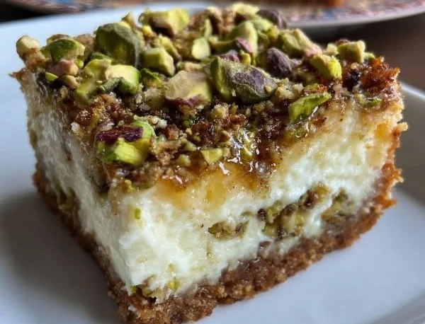 Greek Honey Pistachio Cheesecake Bars topped with crushed pistachios