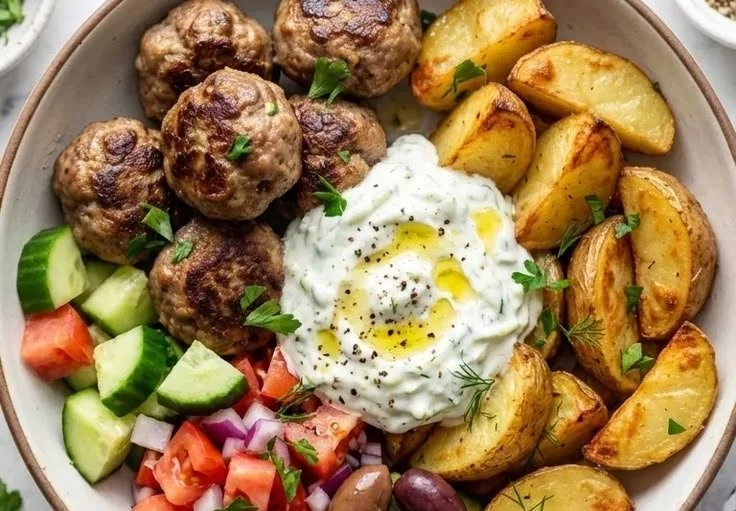 Greek Meatball Bowl topped with tzatziki and fresh vegetables