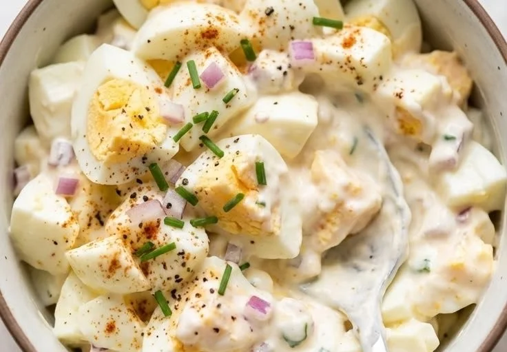 Bowl of Greek yogurt egg salad topped with herbs and spices
