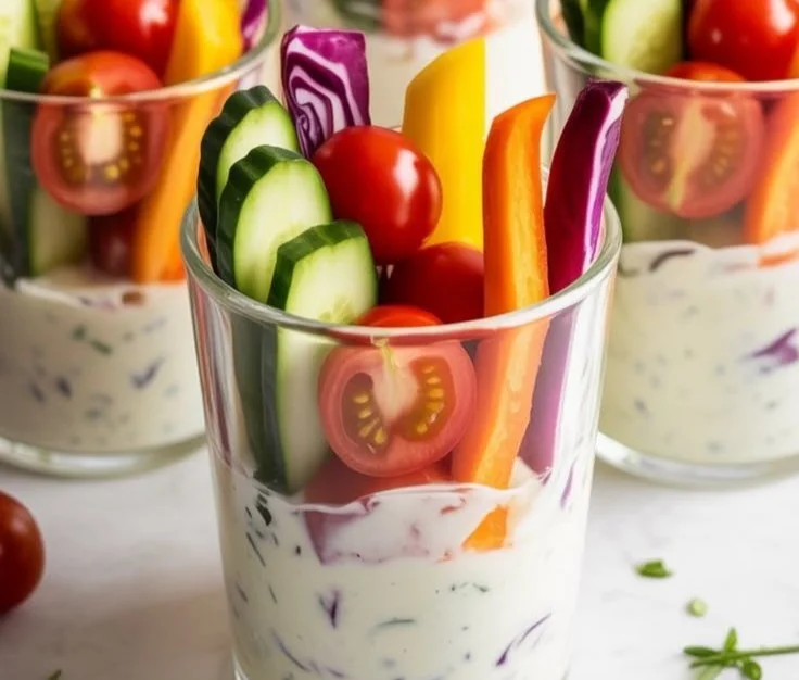 Greek yogurt ranch dip served with fresh veggie cups for a healthy snack
