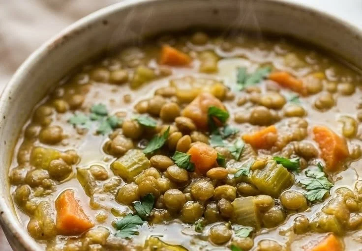 A bowl of homemade green lentil stew with vegetables and spices.