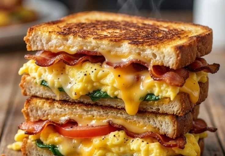 Grilled cheese breakfast sandwich topped with scrambled eggs and bacon