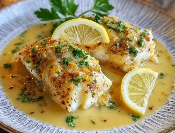Halibut fillet topped with zesty lemon butter sauce on a plate