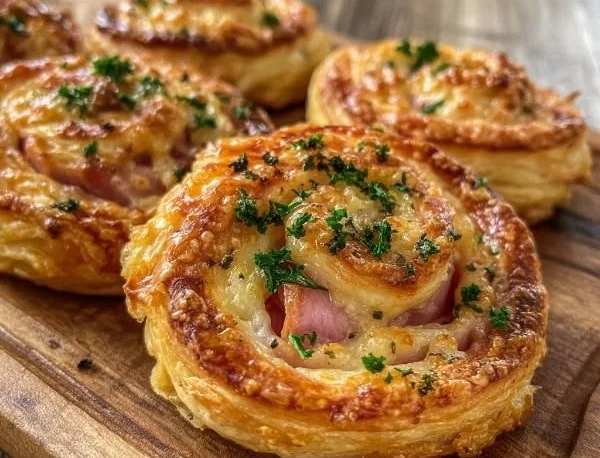 Ham and cheese puff pastry swirls on a wooden platter