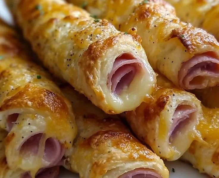 Delicious ham and cheese sticks on a plate, ready to serve.