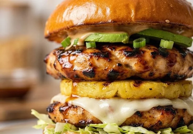 Delicious Hawaiian Chicken Burger topped with pineapple and teriyaki sauce