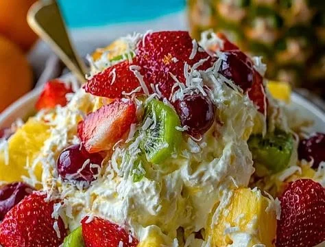 Delicious Hawaiian-style cheesecake salad with tropical fruits and creamy texture
