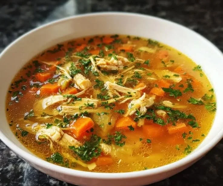 Bowl of homemade chicken broth soup with herbs, carrots, and spices.
