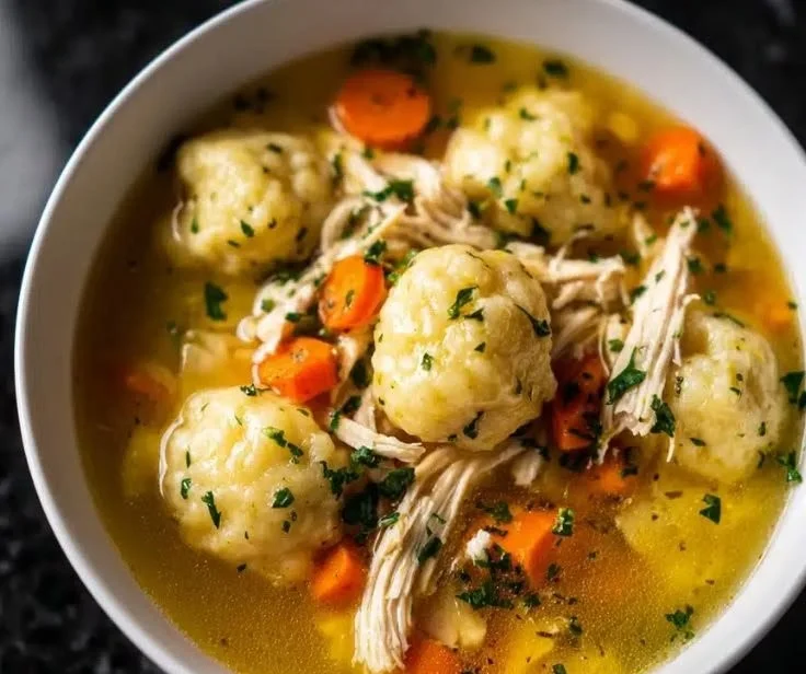 Bowl of healing chicken dumpling soup served with fresh herbs and vegetables