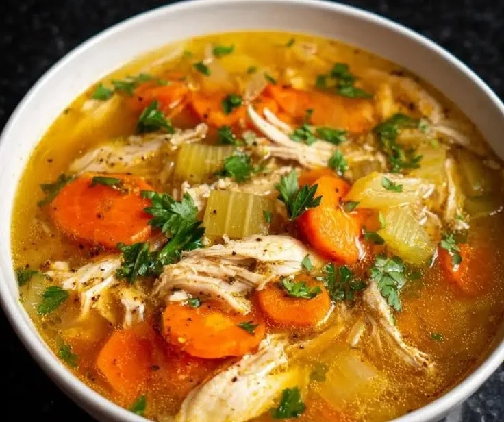 Healing roasted garlic chicken soup with secret ingredients for added flavor.