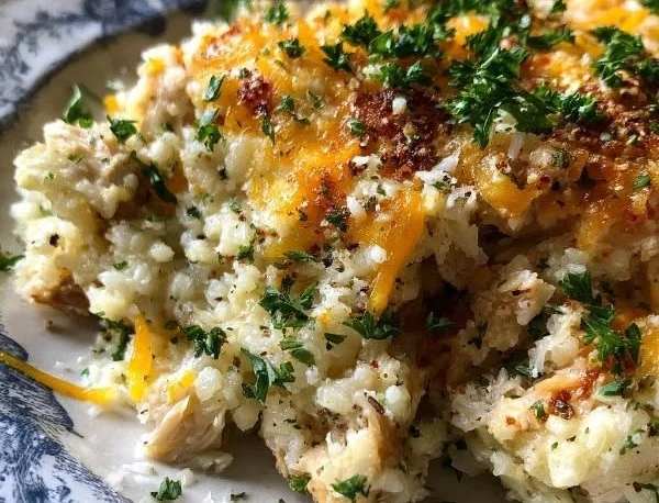 Healthy chicken cauliflower rice casserole topped with herbs and cheese