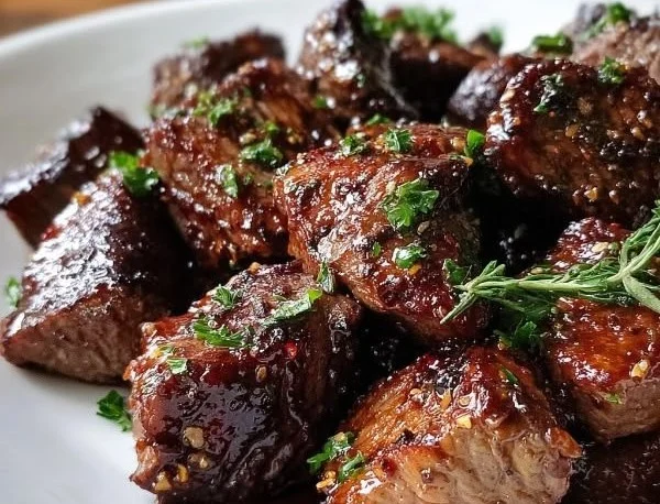 Delicious garlic balsamic steak bites on a plate, high protein and healthy dish