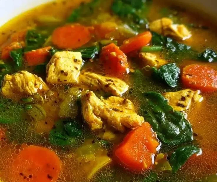 Healthy chicken vegetable soup in a bowl with fresh vegetables and herbs.
