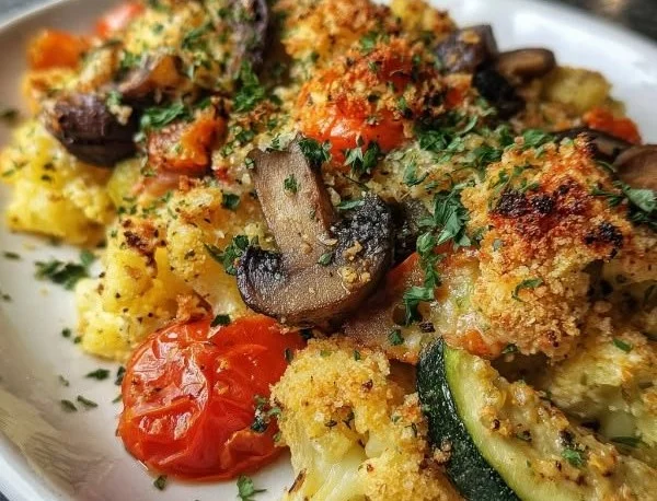Hearty baked vegetable casserole filled with colorful vegetables and cheese