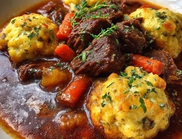 Bowl of hearty beef stew with cheddar herb dumplings on top