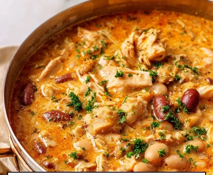 Bowl of hearty Cajun chicken chili topped with fresh herbs and spices