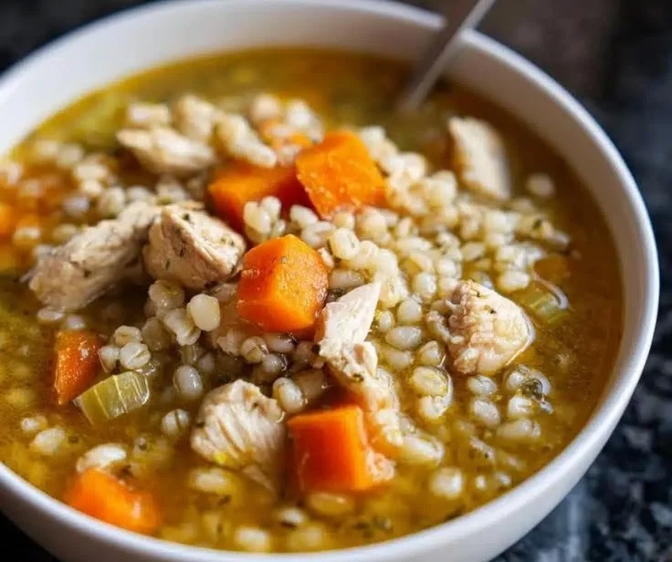 A warm bowl of hearty chicken barley soup garnished with herbs