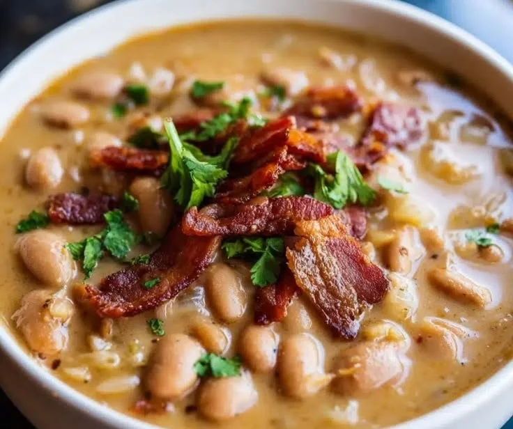 A bowl of hearty pinto bean soup with onion and garlic garnish