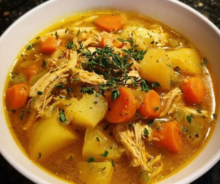 Bowl of hearty Southern style chicken stew with vegetables and herbs