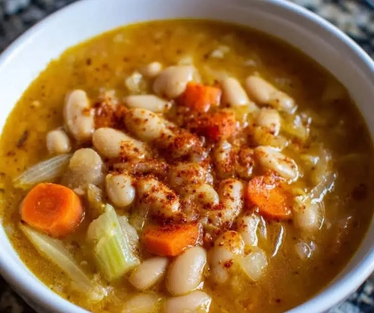 Bowl of hearty vegan bean soup with roasted garlic and fresh herbs