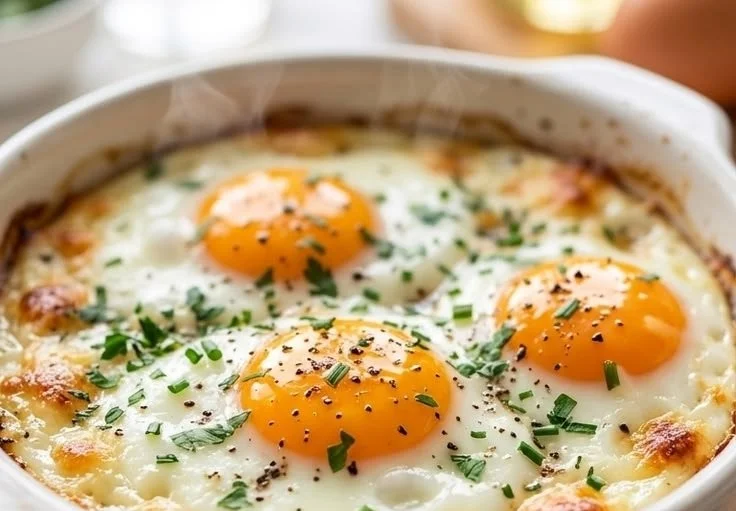 Delicious herbed baked eggs topped with fresh herbs and spices