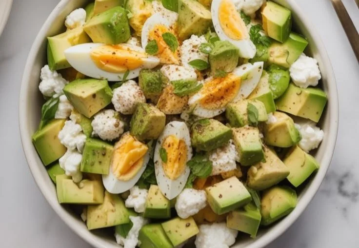 High-protein avocado egg salad served in a bowl with cottage cheese