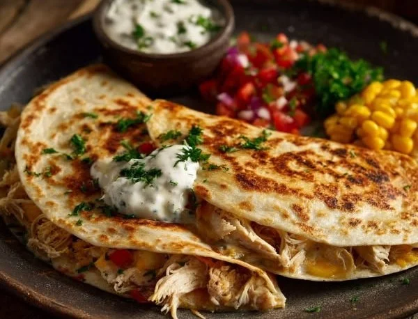 Delicious high-protein chicken ranch quesadilla ready to be served