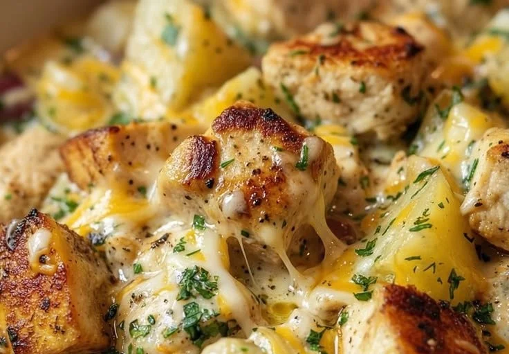 Creamy garlic cheesy chicken served with potatoes, a wholesome high-protein meal.