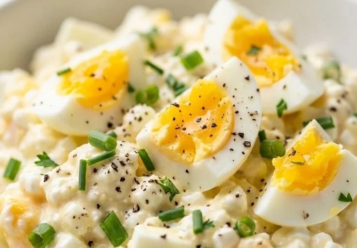 High-protein egg salad served in a bowl with fresh herbs and vegetables.