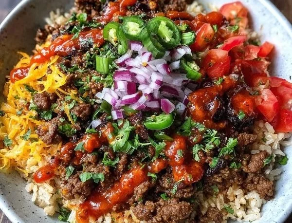 High Protein Ground Beef Power Bowl with fresh vegetables and grains