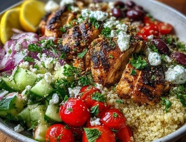 High-protein Mediterranean chicken bowl with colorful vegetables and grains