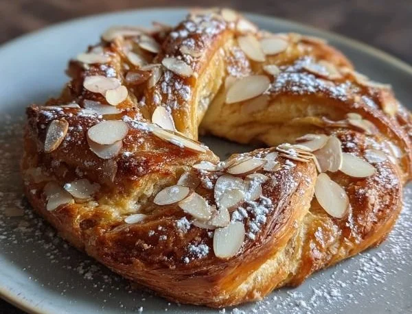 Homemade Almond Kringle topped with icing and almonds for a delicious treat