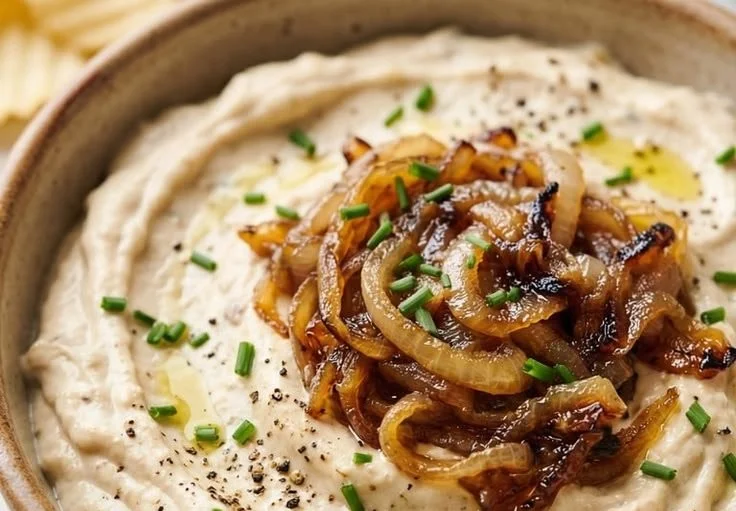 Bowl of homemade French onion dip with fresh ingredients and chips