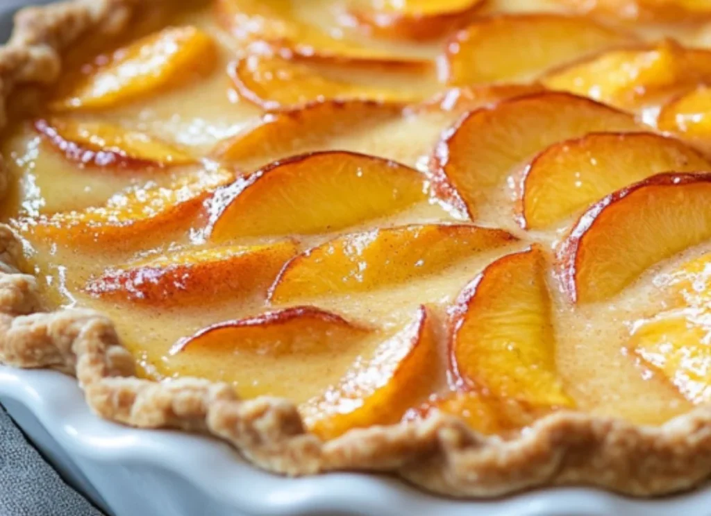 Homemade peach custard pie with fresh peaches and creamy filling