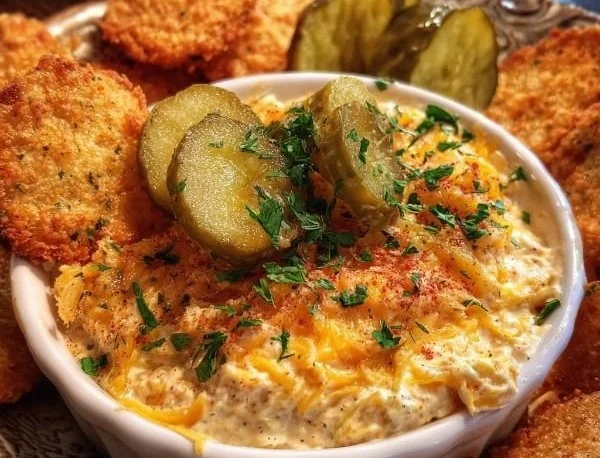 Hot and cheesy fried pickle dip served in a bowl with chips