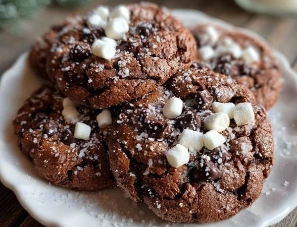 Delicious hot cocoa cookies topped with marshmallows and chocolate drizzle