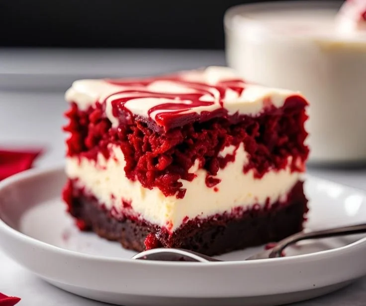 Delicious red velvet cheesecake brownies topped with cream cheese frosting
