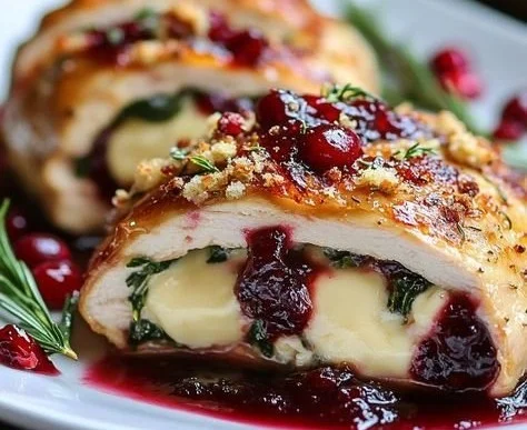 Cranberry Brie Stuffed Chicken dish garnished and ready to serve.