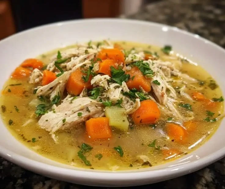 Crockpot rotisserie chicken soup served in a bowl with fresh herbs.
