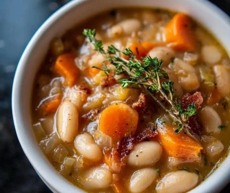 Bowl of slow cooker white bean soup with fresh herbs on top