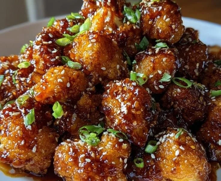 Plate of sticky honey garlic cauliflower garnished with sesame seeds
