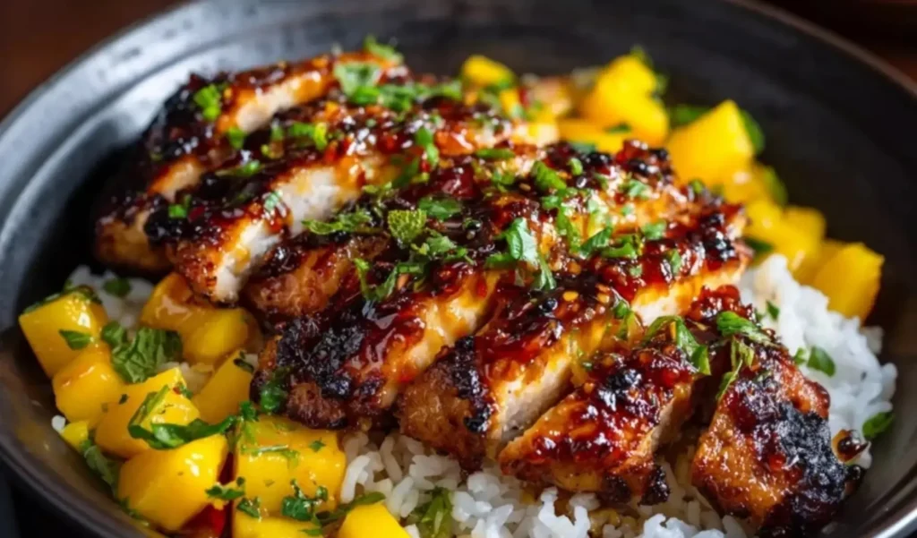 Mango glazed chicken garnished with herbs and served on a plate