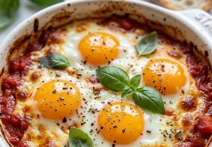 Italian baked eggs served in a warm dish with fresh ingredients