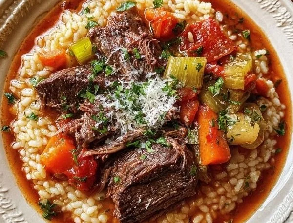 Italian inspired pot roast with risotto dinner plate