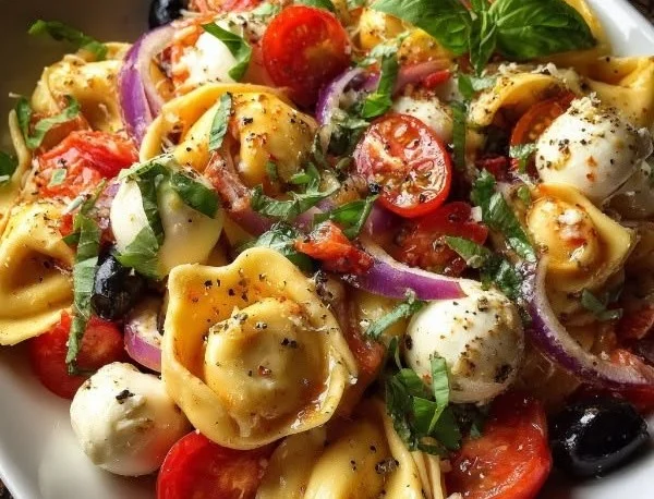 Italian Tortellini Pasta Salad with fresh vegetables and dressing