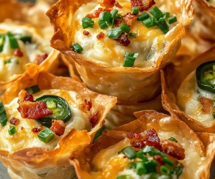 Jalapeno popper wonton cups served on a platter with dipping sauce