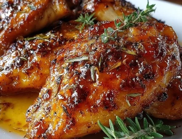 Delicious juicy baked chicken breast on a plate garnished with herbs.