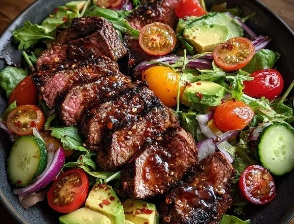 Juicy grilled steak salad with fresh vegetables and a delicious dressing