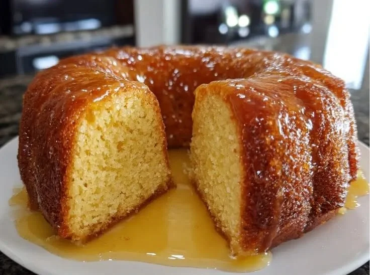 Slice of Kentucky Butter Cake with a golden crust and buttery glaze