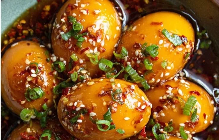 Korean marinated eggs served in a traditional dish.